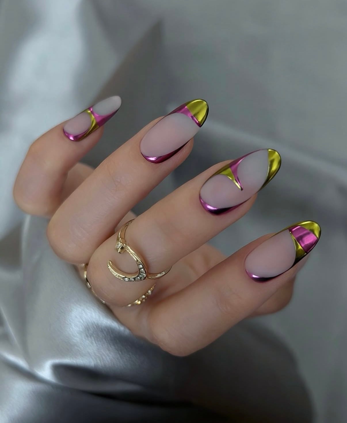 Nude Chrome Nails With Gold Pink Green Tips — Simple Gold Chrome Nails