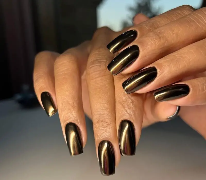 Dark Gold Chrome Long Coffin Nails — Simple Gold Chrome Nails