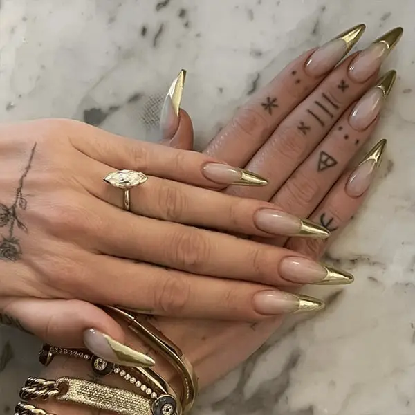 Gold Chrome Tip Very Long Stiletto Nails — Simple Gold Chrome Nails
