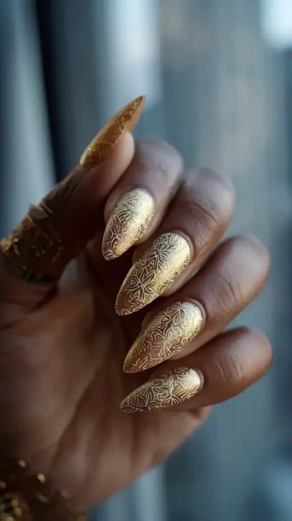 Gold Chrome Stiletto Nails With White Filigree — Simple Gold Chrome Nails