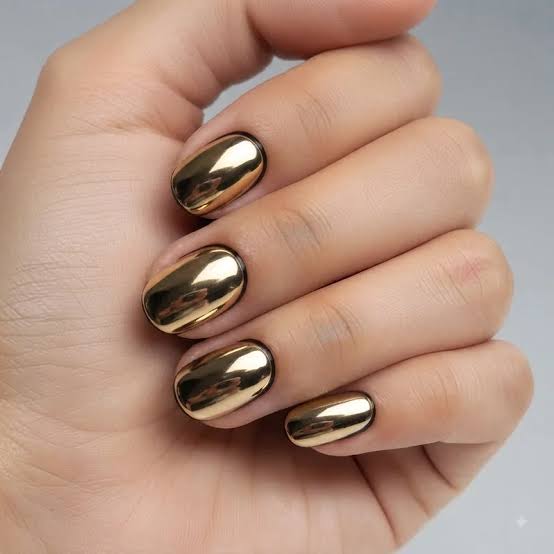 Bright Gold Chrome Short Oval Nails — Simple Gold Chrome Nails
