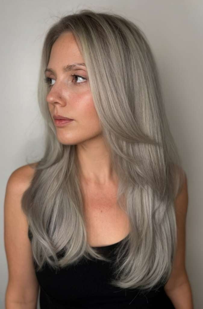 Mid-Back Ash Blonde With Gray Blend Blowout Mid-Back Ash Blonde With Gray Blend Blowout — Simple Gray Blending