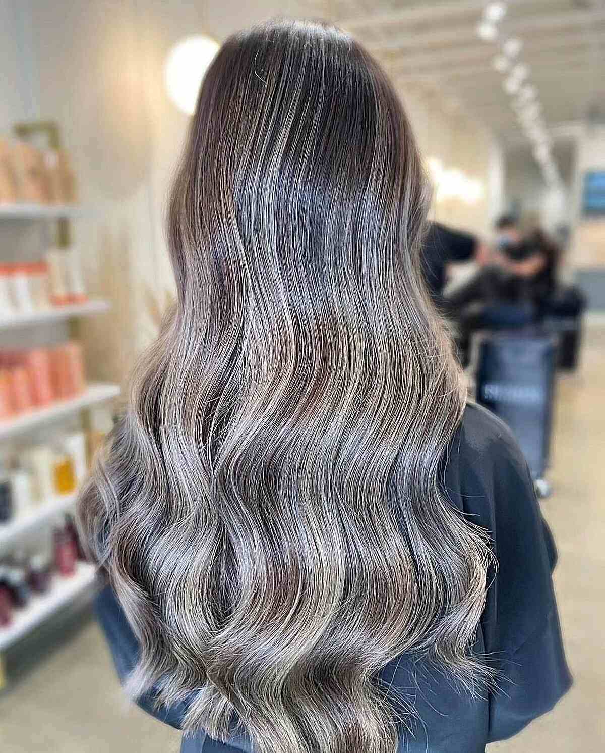 Mid-Back Wavy Dark Brown Ash Blonde Highlights Mid-Back Wavy Dark Brown Ash Blonde Highlights — Simple Gray Blending