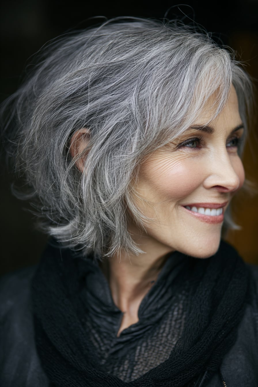 Textured Chin-Length Bob in Natural Gray Textured Chin-Length Bob in Natural Gray — Simple Gray Blending Hair