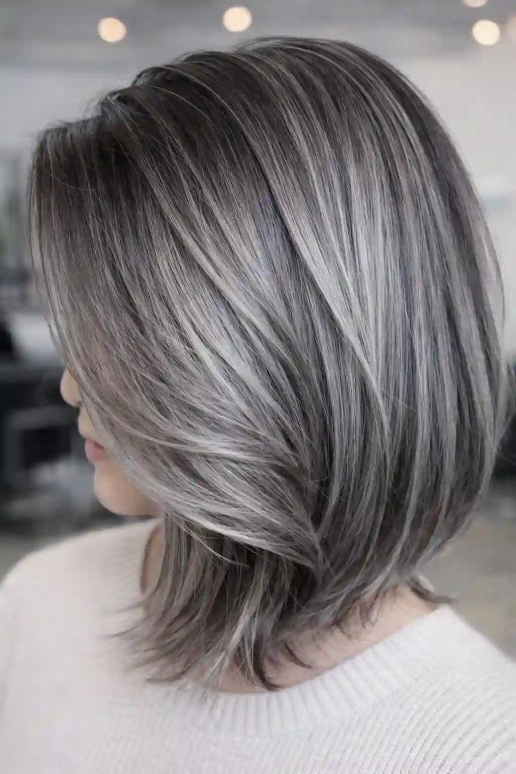 Chin-Length Bob With Gray Silver Highlights Chin-Length Bob With Gray Silver Highlights — Simple Gray Blending Hair