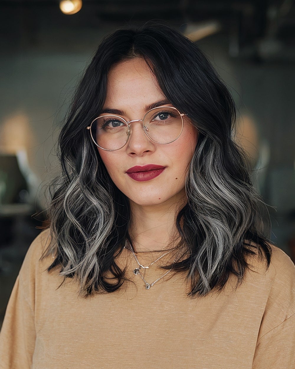 Medium Lob With Gray Streaks and Curtain Bangs Medium Lob With Gray Streaks and Curtain Bangs — Simple Gray Blending Hair