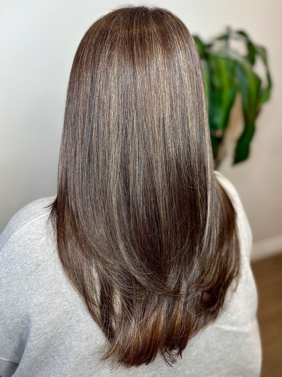 Mid-Back Layers With Smooth Blowout Mid-Back Layers With Smooth Blowout — Simple Gray Blending Hair Dark Brown