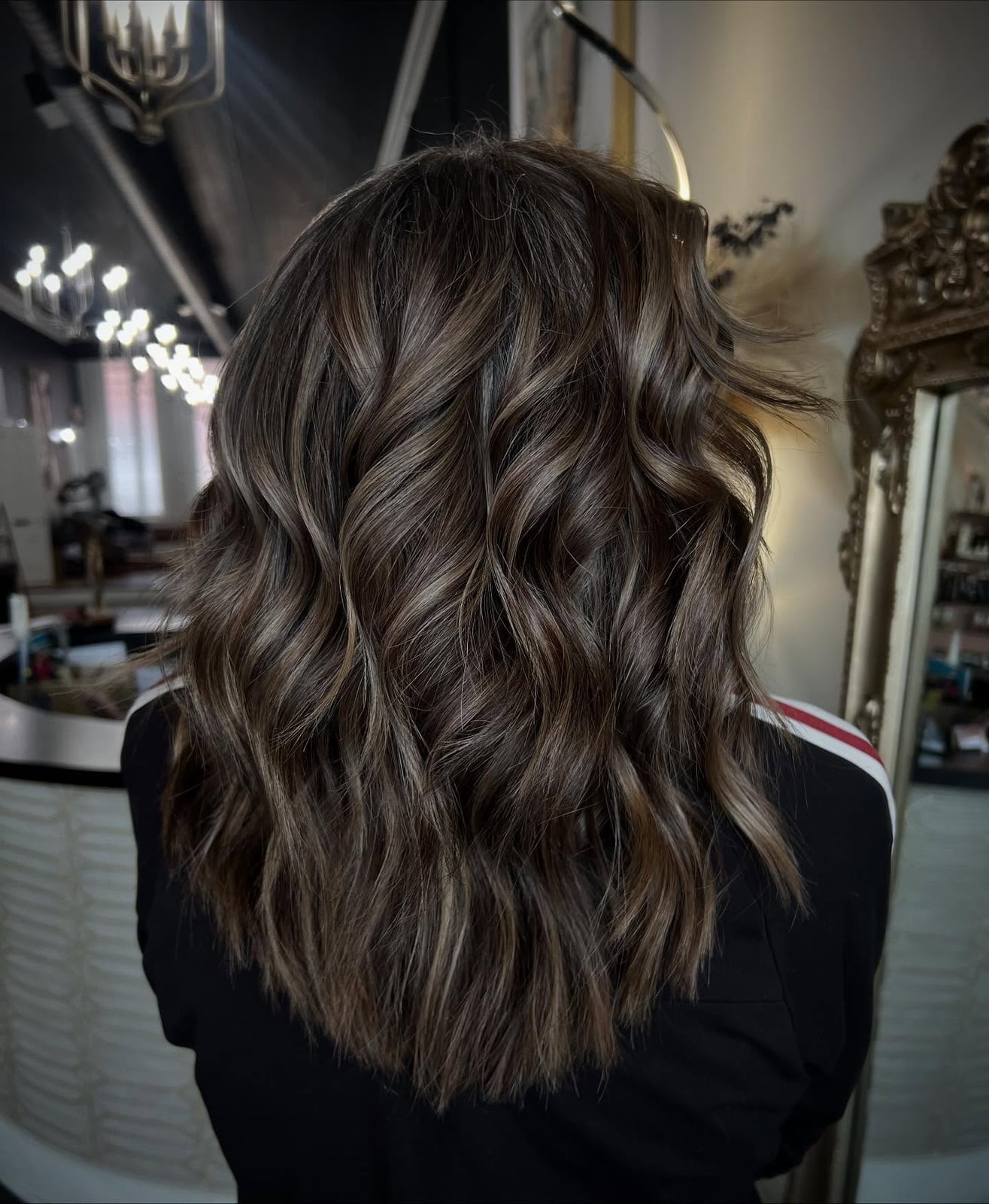 Mid-Back Layers With Gray and Blonde Highlights Mid-Back Layers With Gray and Blonde Highlights — Simple Gray Blending Hair Dark Brown