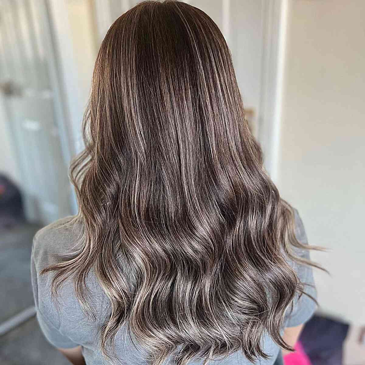 Mid-Back Layers With Rich Gray Blend Mid-Back Layers With Rich Gray Blend — Simple Gray Blending Hair Dark Brown