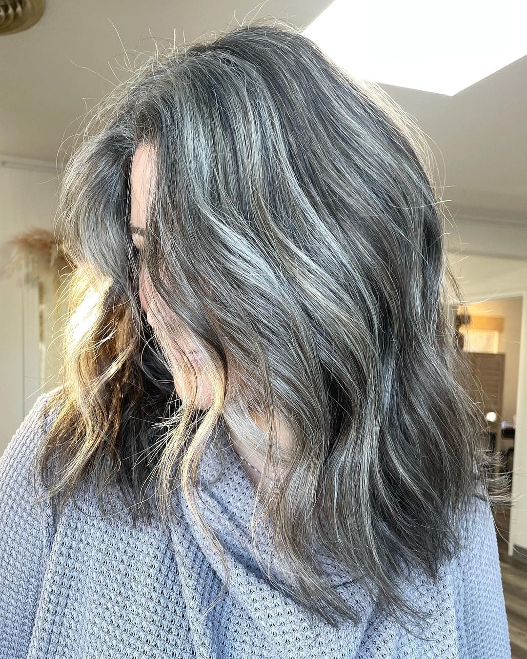 Long Layered Hair With Natural Gray Blend Long Layered Hair With Natural Gray Blend — Simple Gray Blending Hair Dark Brown