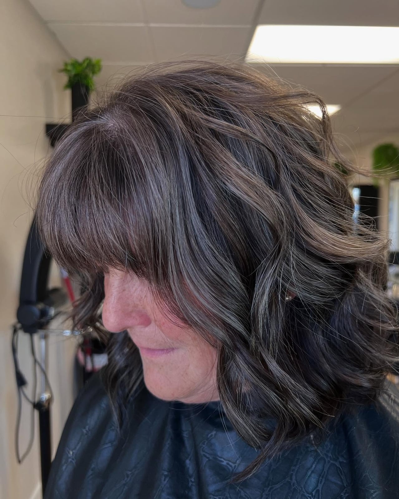 Mid-Back Layers With Blended Gray Strands Mid-Back Layers With Blended Gray Strands — Simple Gray Blending Hair Dark Brown