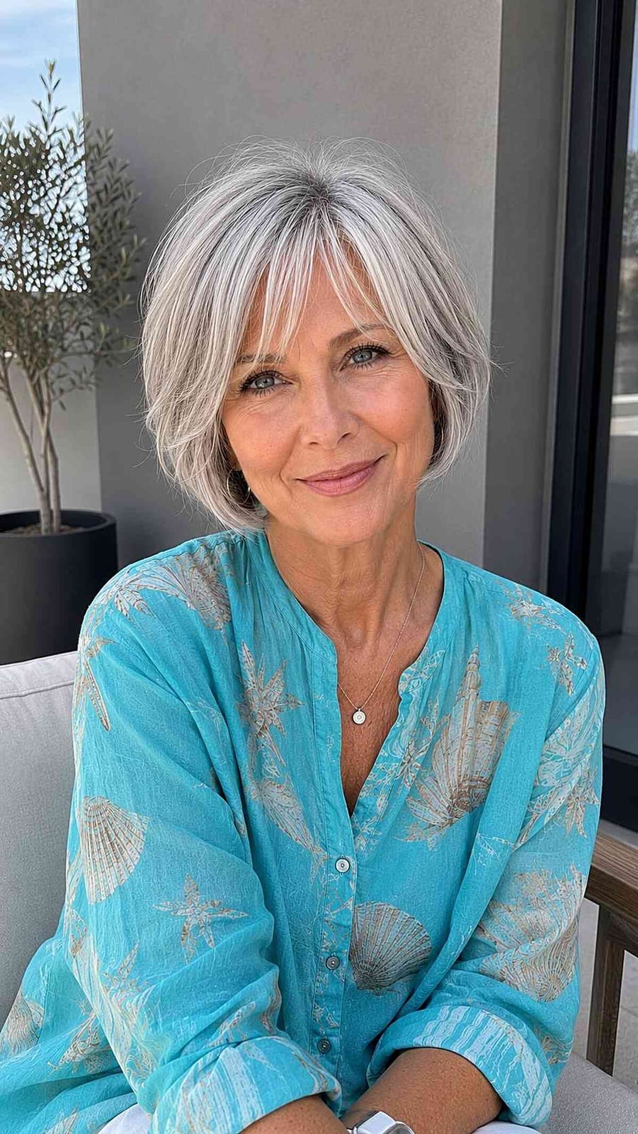 Layered Bob With Soft Curtain Bangs Layered Bob With Soft Curtain Bangs — Simple Gray Hair
