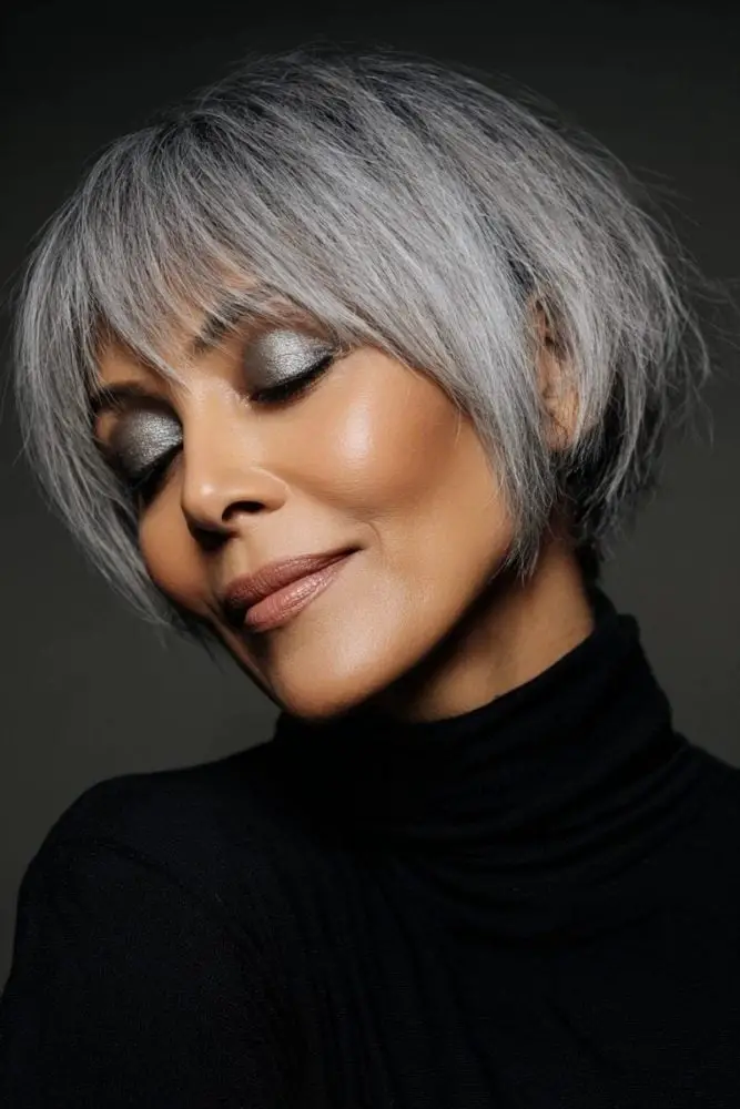 Short Pixie Bob With Textured Fringe Short Pixie Bob With Textured Fringe — Simple Gray Hair