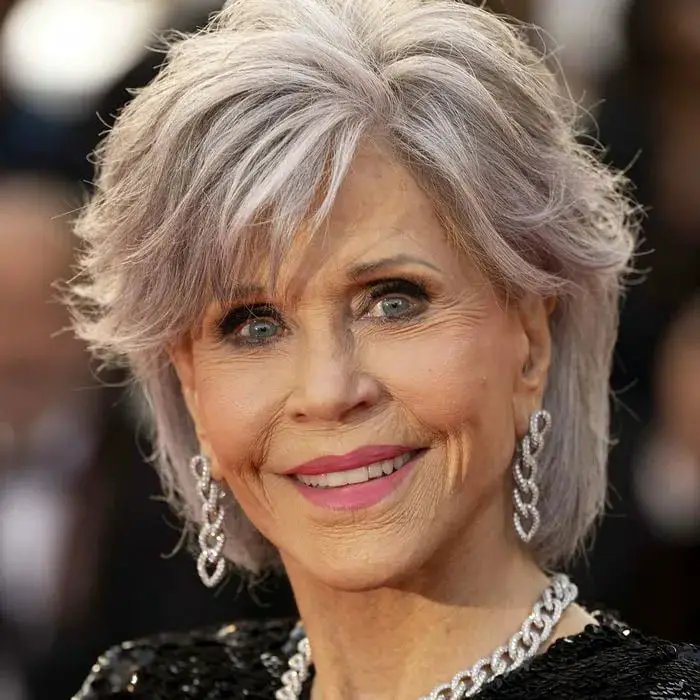 Layered Pixie With Tousled Wispy Bangs, Close-Up Take Layered Pixie With Tousled Wispy Bangs, Close-Up Take — Simple Gray Hair