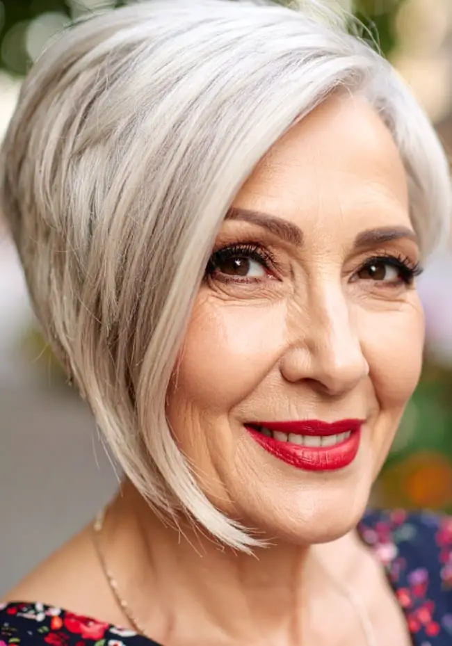 Angled Bob With Side-Swept Fringe Angled Bob With Side-Swept Fringe — Simple Gray Hair