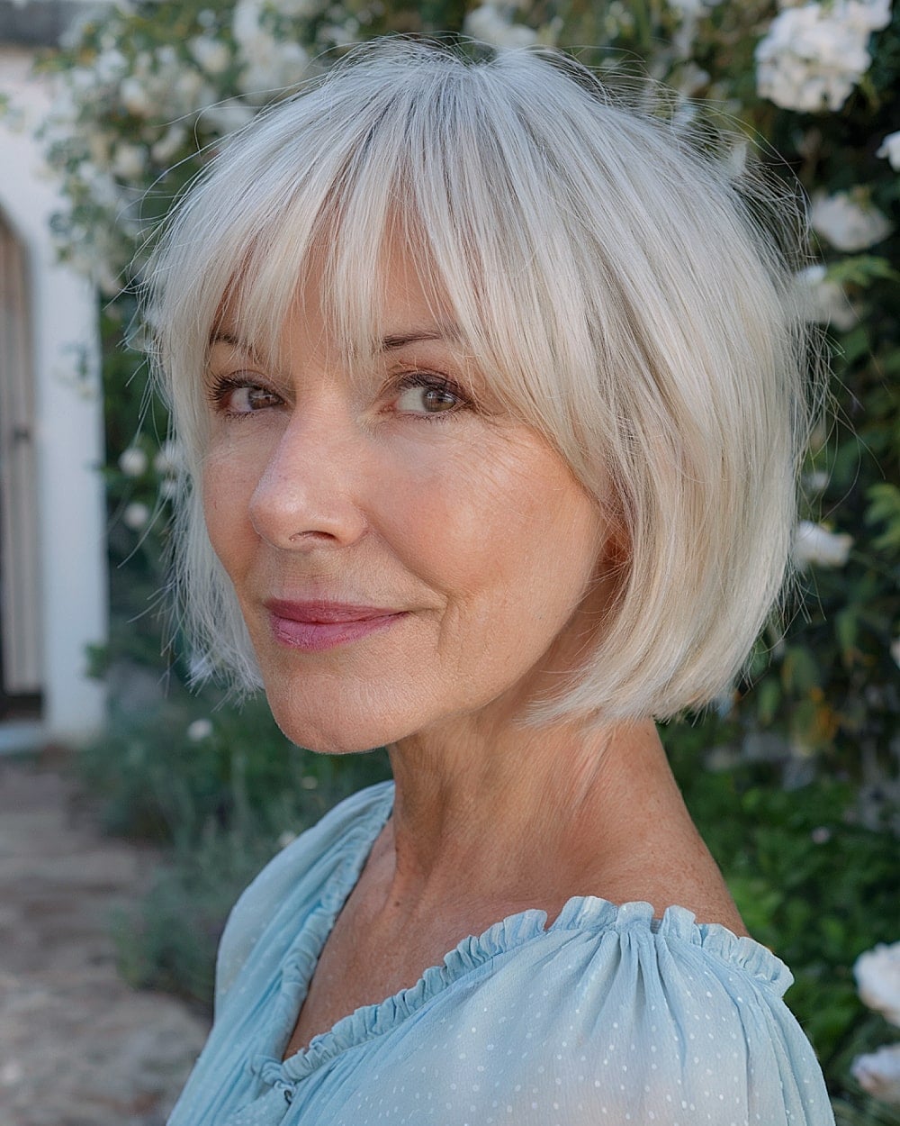 Chin Length Bob With Blunt Bangs Chin Length Bob With Blunt Bangs — Simple Gray Hair