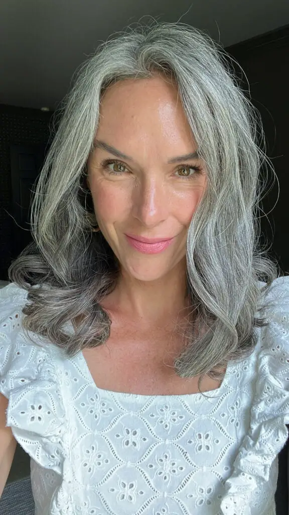 Collarbone Layers With Soft Curtain Bangs, Salt And Pepper Gray Collarbone Layers With Soft Curtain Bangs, Salt And Pepper Gray — Simple Gray Hair