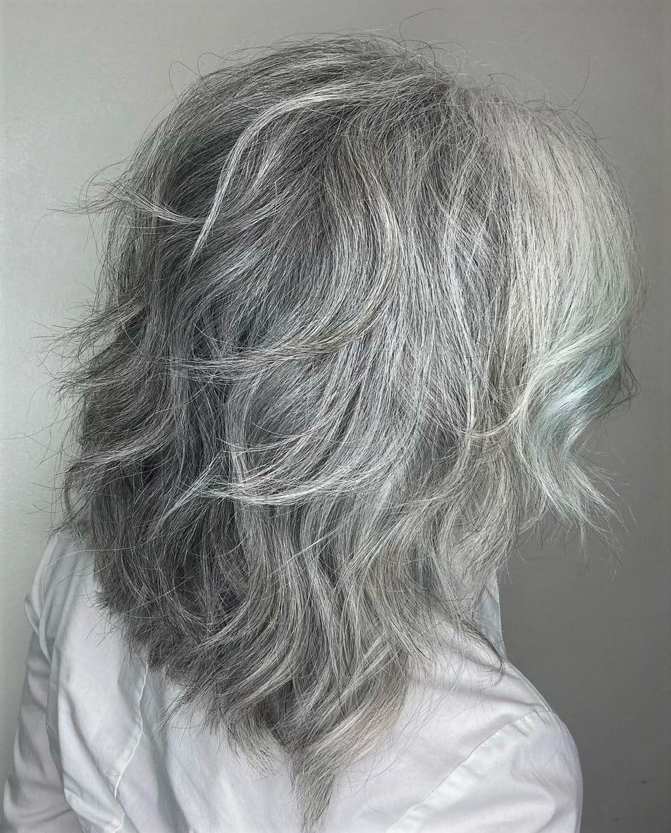 Mid-Back Shag With Curtain Bangs Mid-Back Shag With Curtain Bangs — Simple Gray Hair