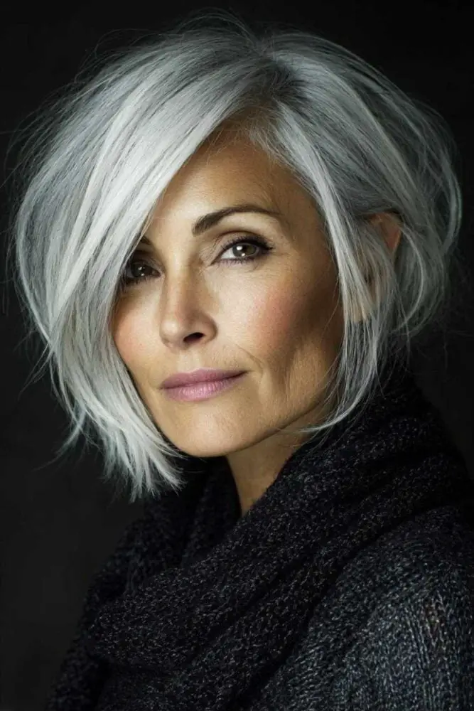 Voluminous Silver Bob With Side-Swept Bangs Voluminous Silver Bob With Side-Swept Bangs — Simple Gray Hair