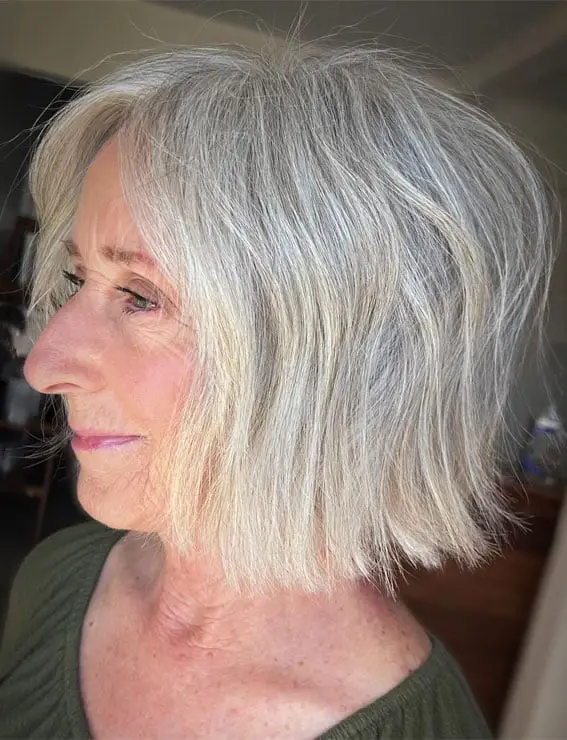 Chin Length Textured Bob With Blonde Highlights Chin Length Textured Bob With Blonde Highlights — Simple Gray Hair