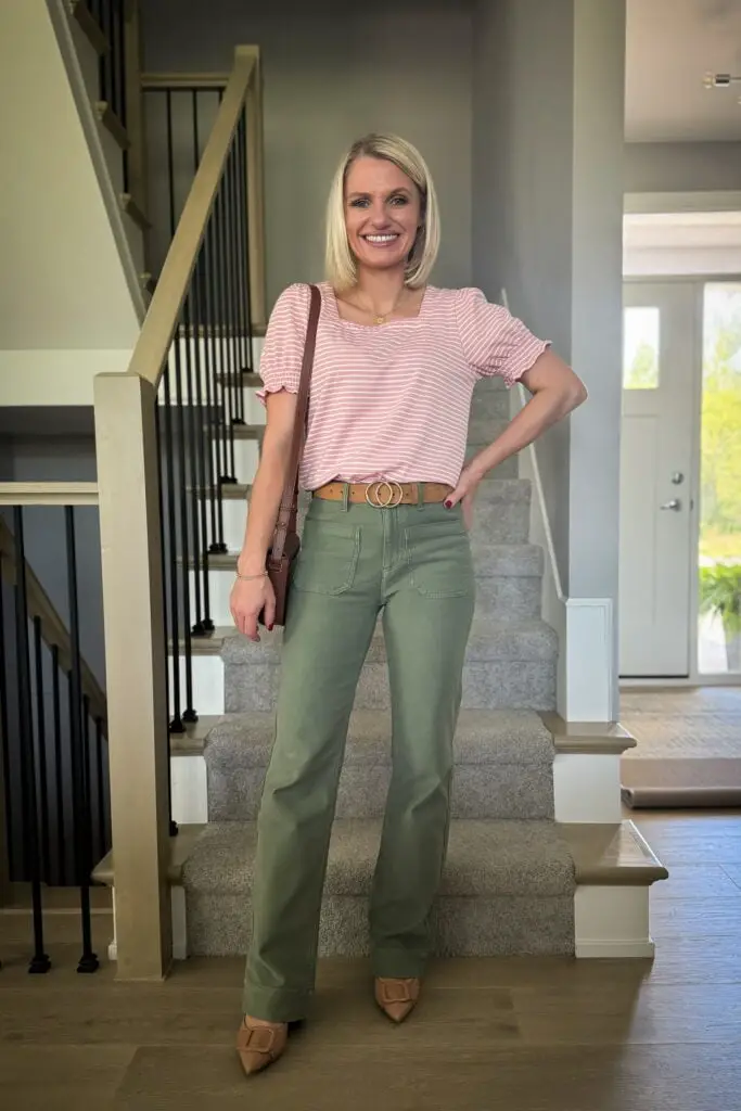 Green Utility Jeans With Striped Top — Simple Green Jeans Outfits