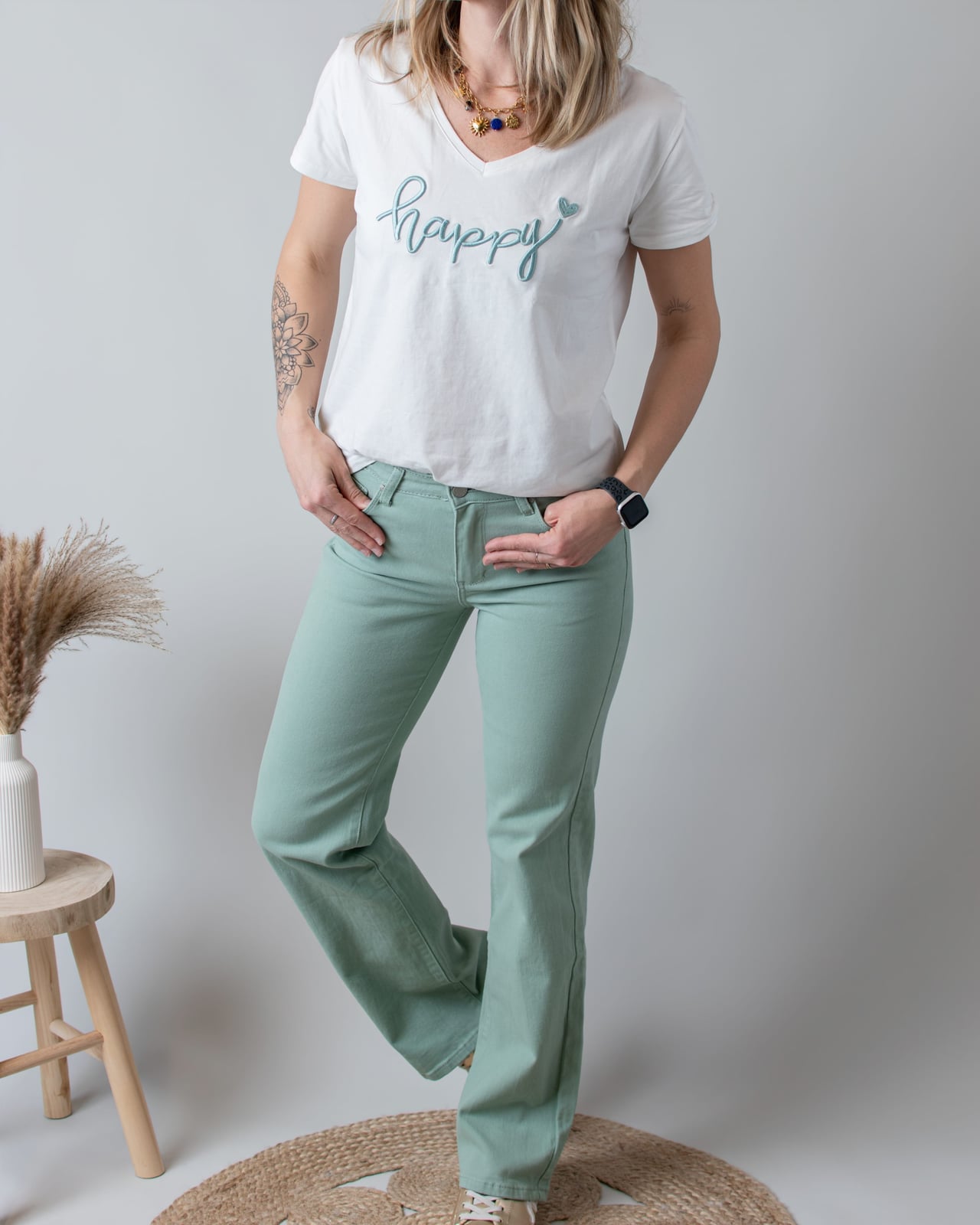 Mint Green Straight Leg Jeans With White T-shirt — Simple Green Jeans Outfits