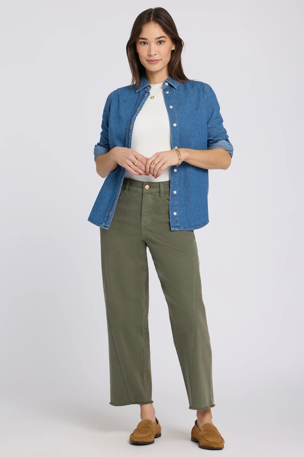 Olive Green Jeans With Denim Shirt Layer — Simple Green Jeans Outfits