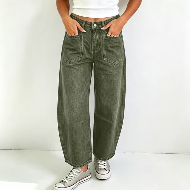 Olive Green Wide Leg Jeans With White Top and Loose Fit — Simple Green Jeans Outfits