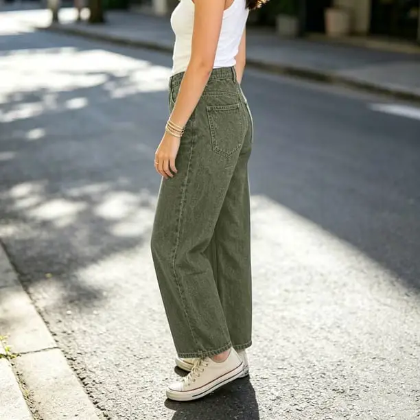 Olive Green Wide Leg Jeans With White Tank — Simple Green Jeans Outfits