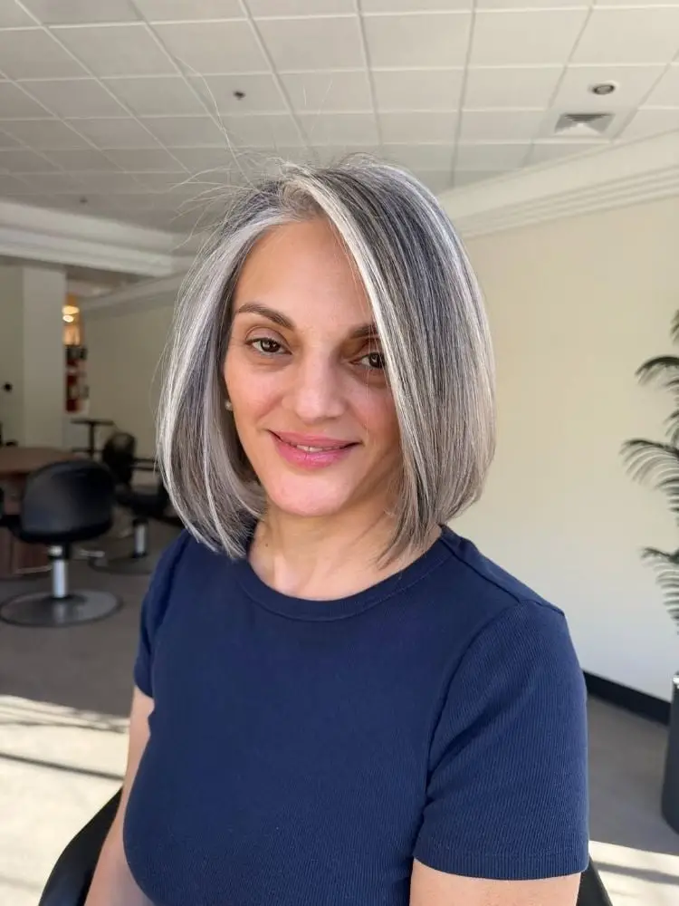 Chin Length Bob With Silver Streaks — Simple Grey Highlights