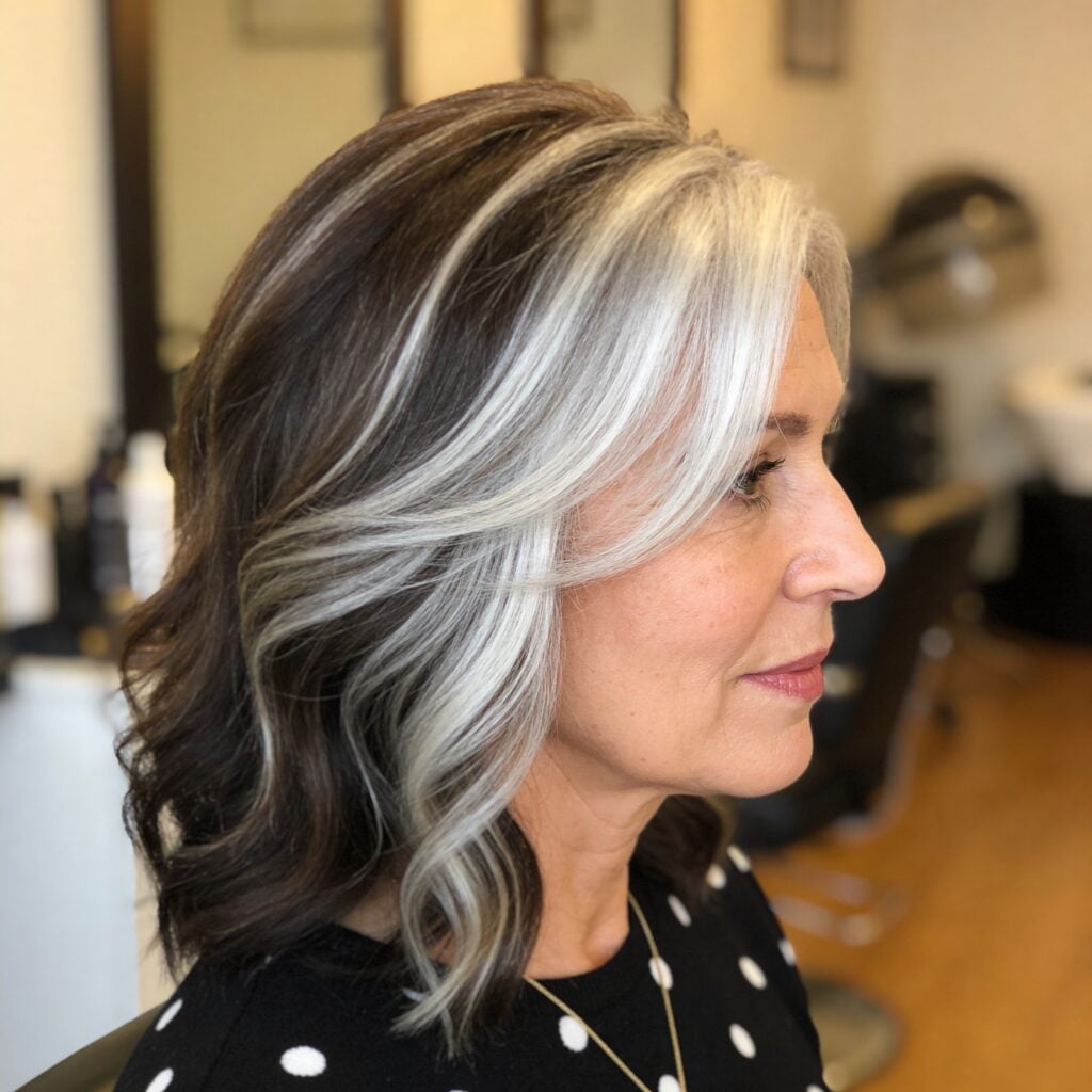 Lob With Silver And Dark Brown Highlights — Simple Grey Highlights