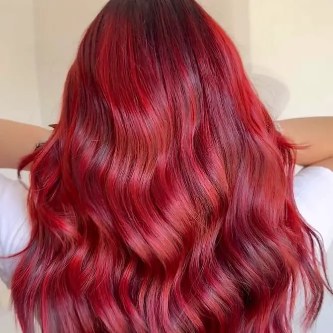 Vibrant Cherry Red Mid-Back Layers Vibrant Cherry Red Mid-Back Layers — Simple Hair Color Ideas