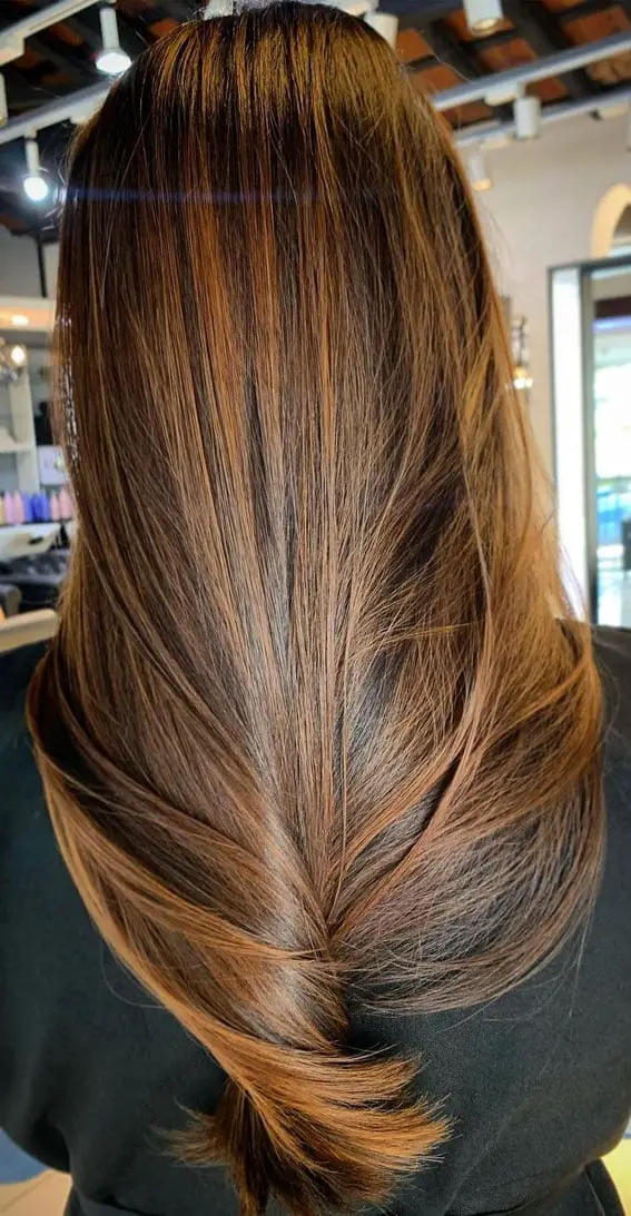 Medium Brown With Warm Caramel Highlights, Mid-Back Medium Brown With Warm Caramel Highlights, Mid-Back — Simple Hair Color Ideas