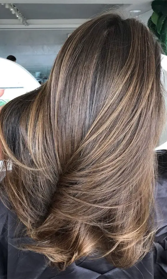 Medium Brown With Subtle Blonde Balayage, Mid-Back Medium Brown With Subtle Blonde Balayage, Mid-Back — Simple Hair Color Ideas