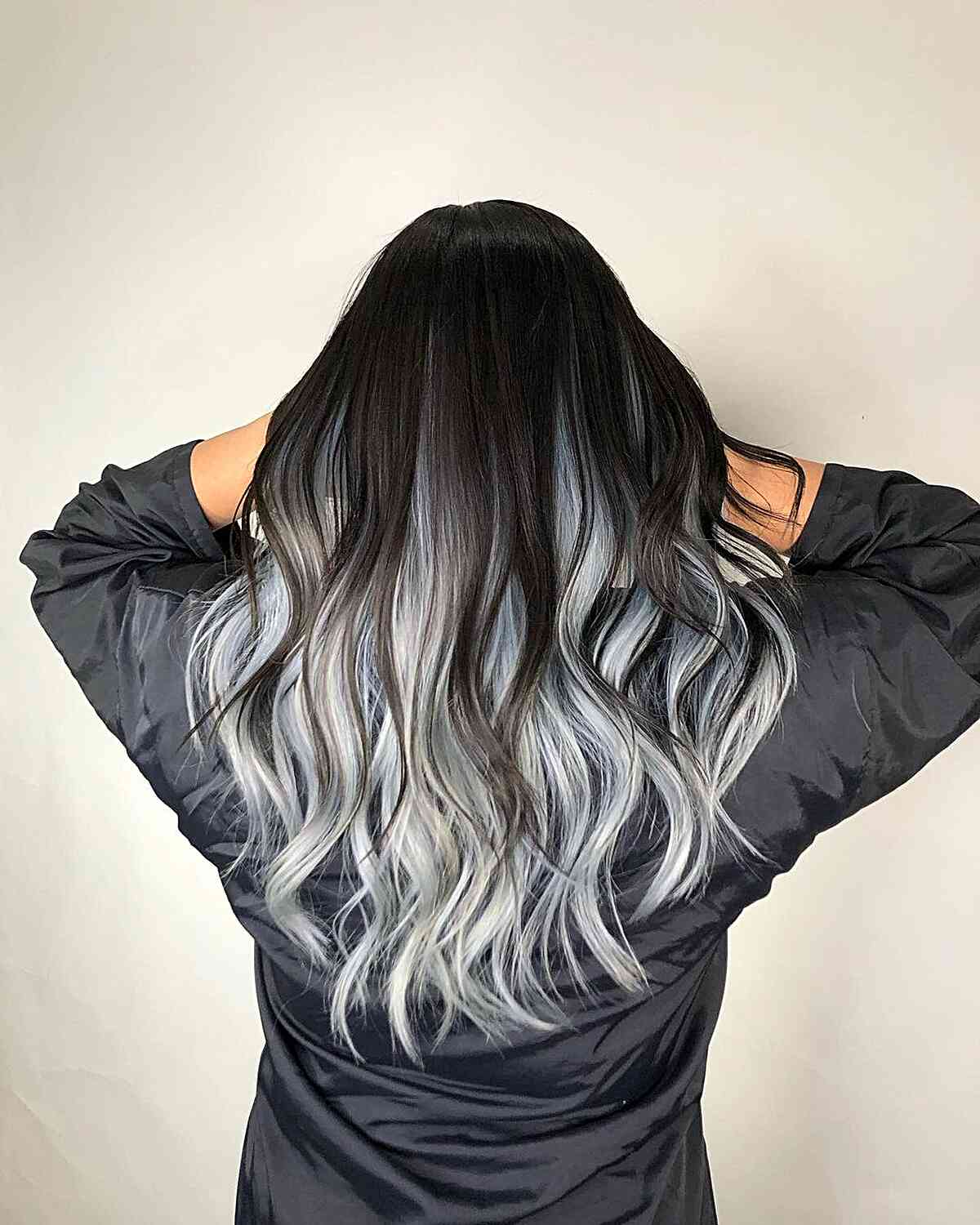 Black Base With Silver-Gray Highlights, Mid-Back Black Base With Silver-Gray Highlights, Mid-Back — Simple Hair Color Ideas