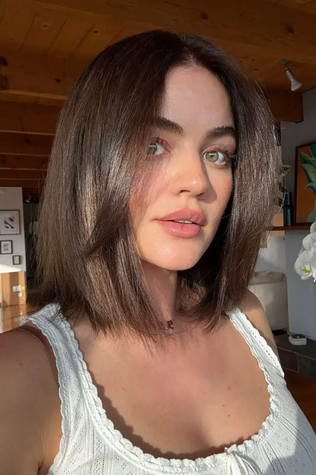 Collarbone Long Bob With Curtain Bangs, Dark Brown — Simple Hair Haircuts