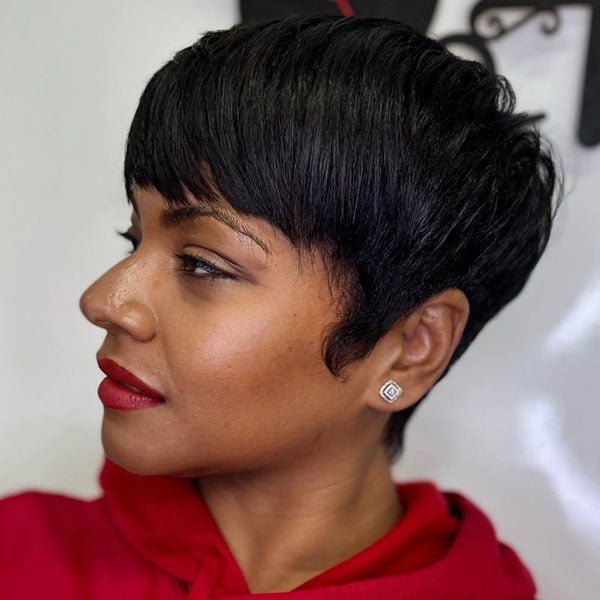 Short Textured Pixie With Side Bangs — Simple Haircuts for Black Women