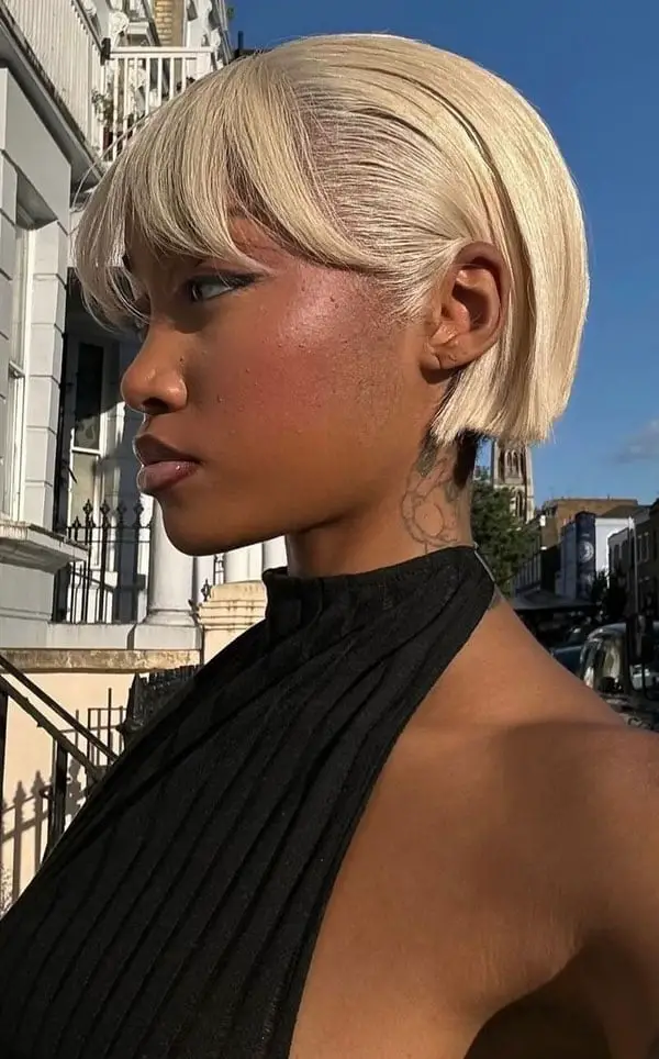 Short Platinum Blonde Bob With Straight Bangs — Simple Haircuts for Black Women