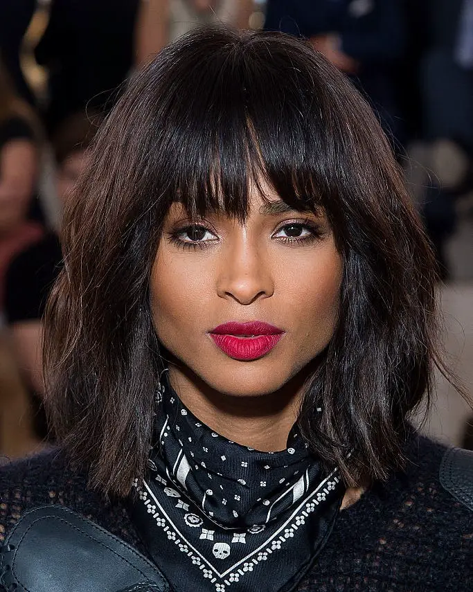 Collarbone Layers Full Bangs Copper Red — Simple Haircuts for Medium Hair
