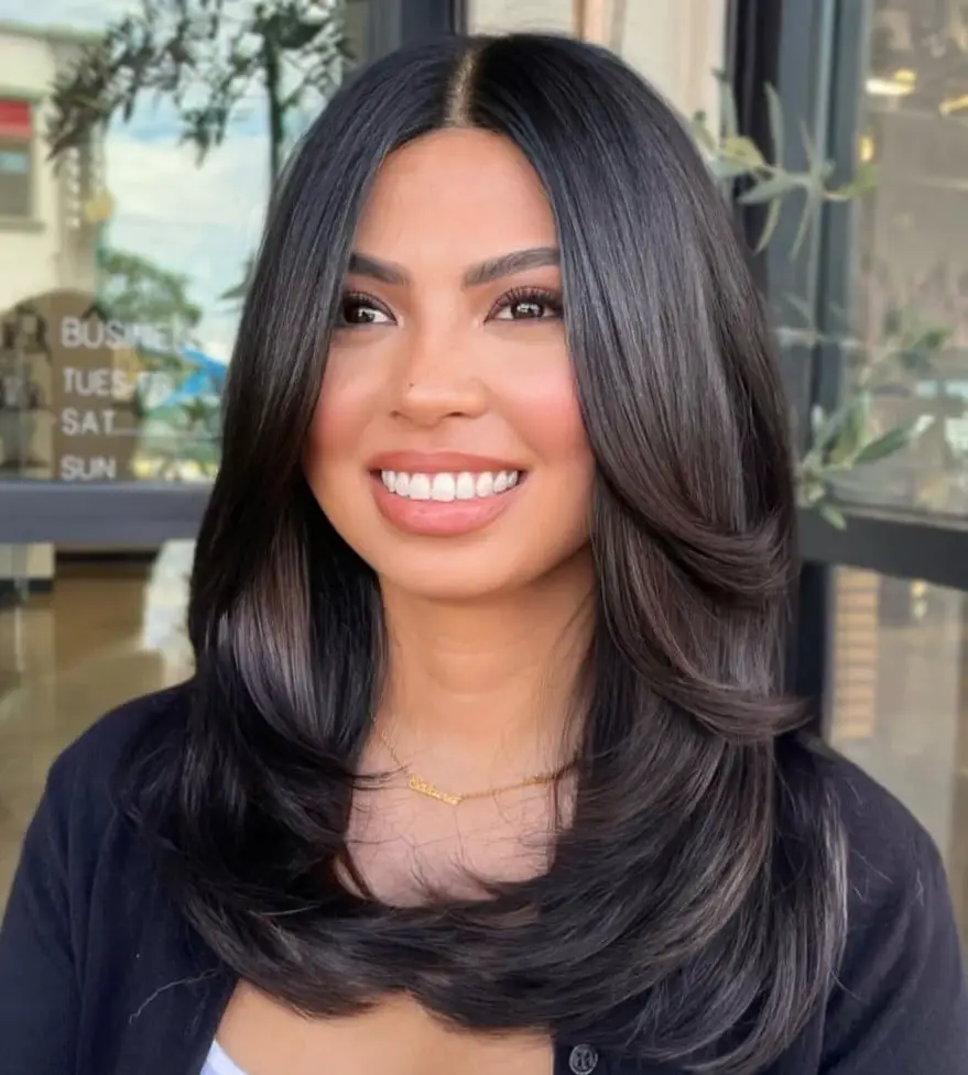Mid-Back Layers Curtain Bangs Grayish Highlights — Simple Haircuts for Medium Hair