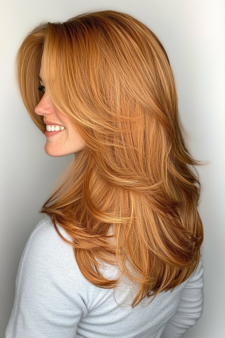 Collarbone Layered Cut Copper Highlights — Simple Haircuts for Medium Hair