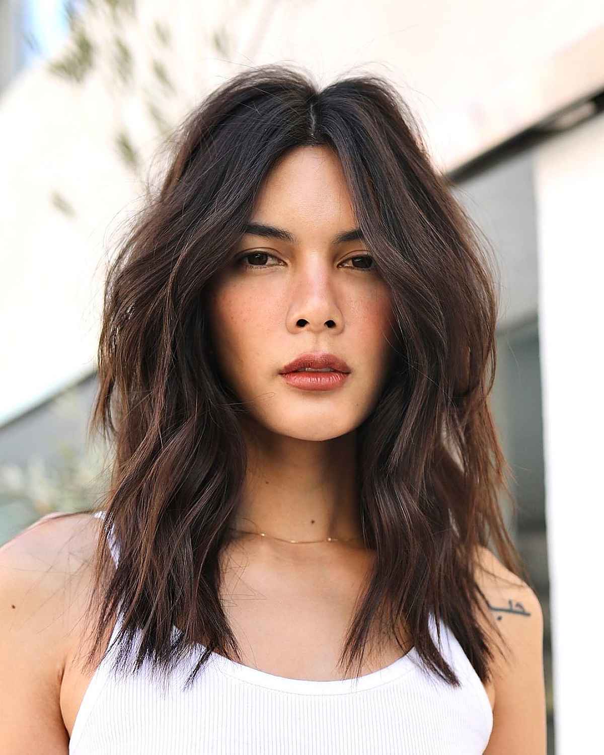 Collarbone Long Layers Dark Brown With Curtain Bangs — Simple Haircuts for Medium Hair