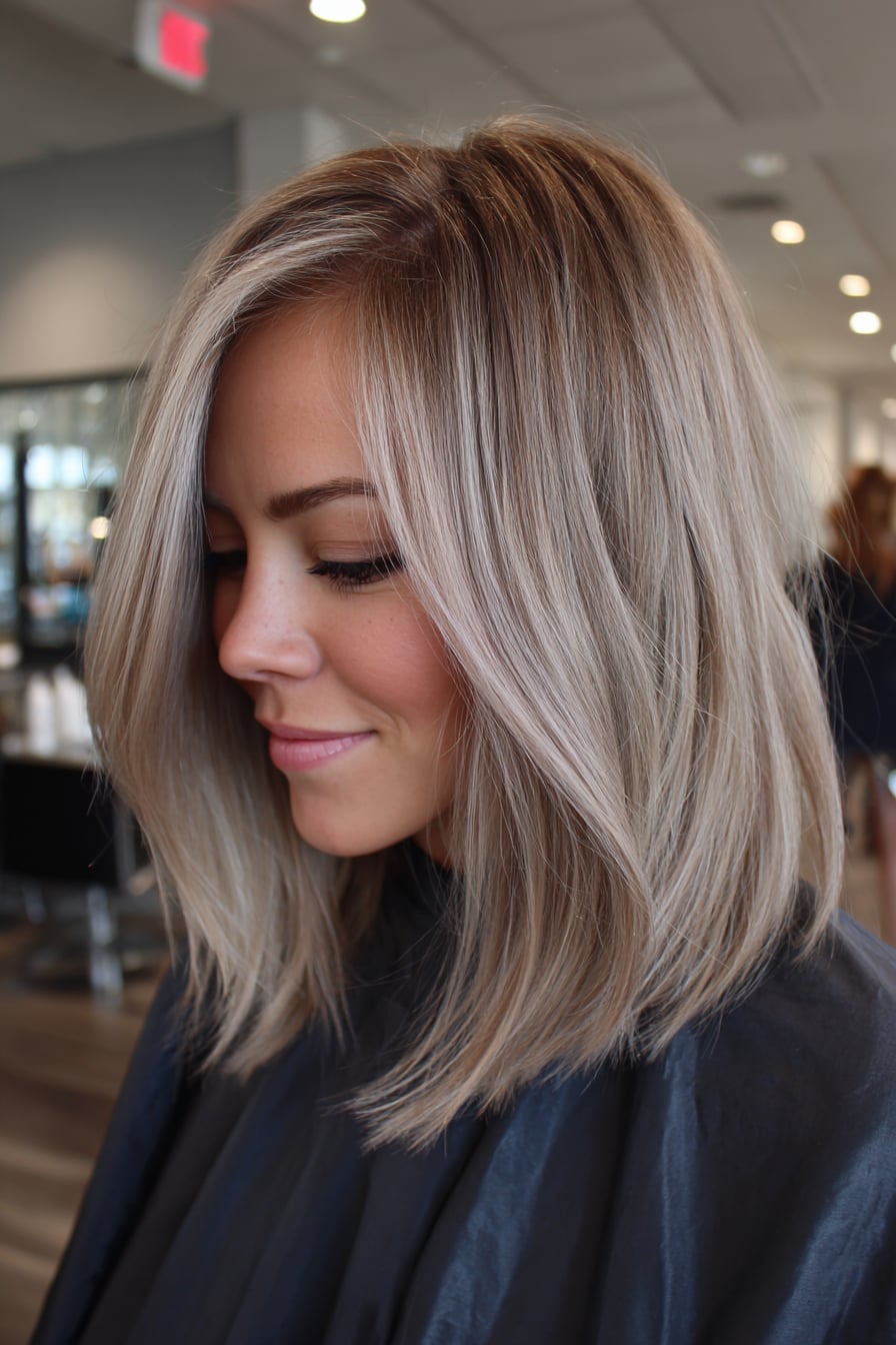Collarbone Lob Face-Framing Layers Ash Blonde, Side Collarbone Lob Face-Framing Layers Ash Blonde, Side — Simple Haircuts for Thick Hair