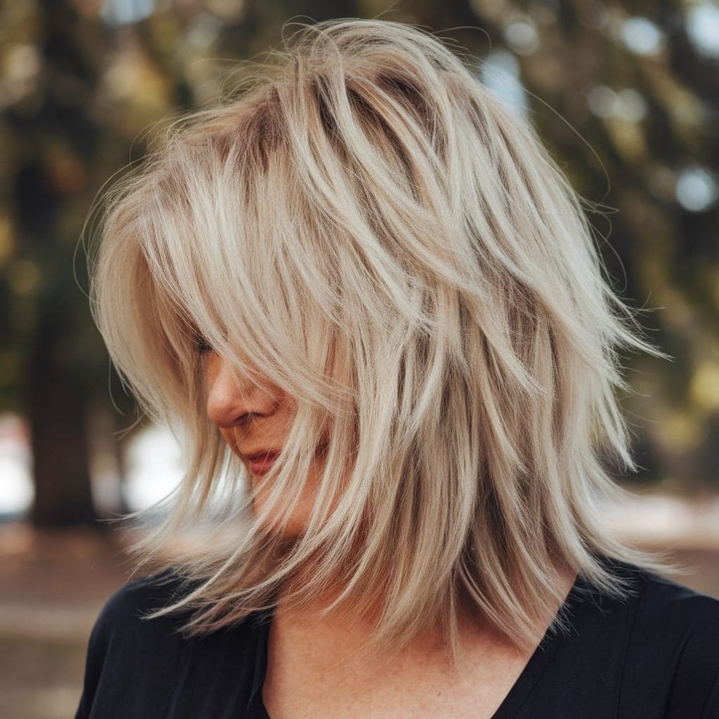 Honey Blonde Lob With Side Swept Bangs Honey Blonde Lob With Side Swept Bangs — Simple Haircuts for Thin Hair