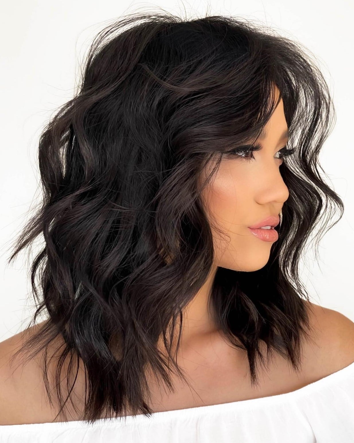 Shoulder Shag With Curtain Bangs, Dark Brown Shoulder Shag With Curtain Bangs, Dark Brown — Simple Haircuts for Wavy Hair