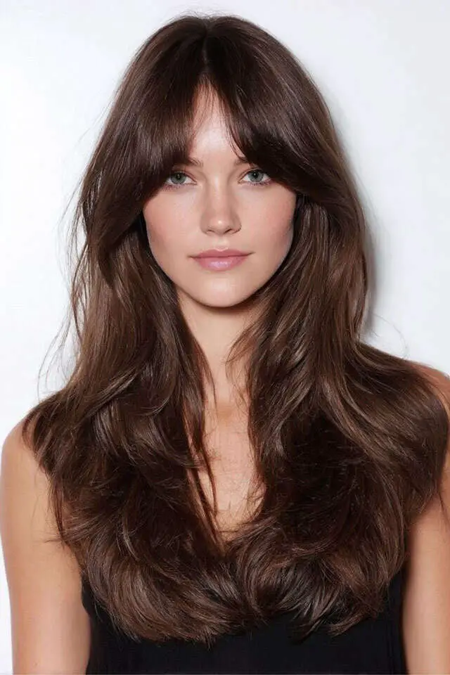 Mid-Back Layers With Curtain Bangs and Layered Dark Brown Hair Mid-Back Layers With Curtain Bangs and Layered Dark Brown Hair — Simple Haircuts for Wavy Hair