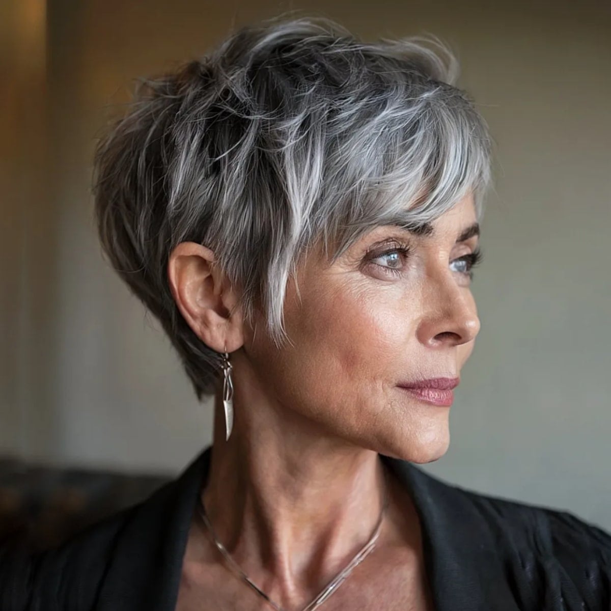Textured Gray Pixie With Side-Swept Bangs Textured Gray Pixie With Side-Swept Bangs — Simple Haircuts for Women