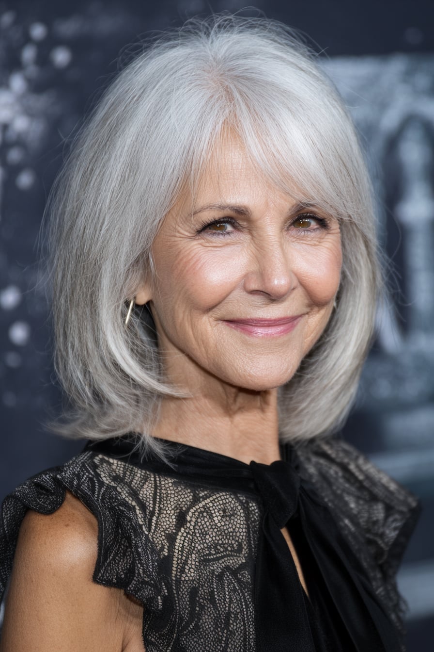 Collarbone Lob With Soft Curtain Bangs Collarbone Lob With Soft Curtain Bangs — Simple Haircuts for Women over 60