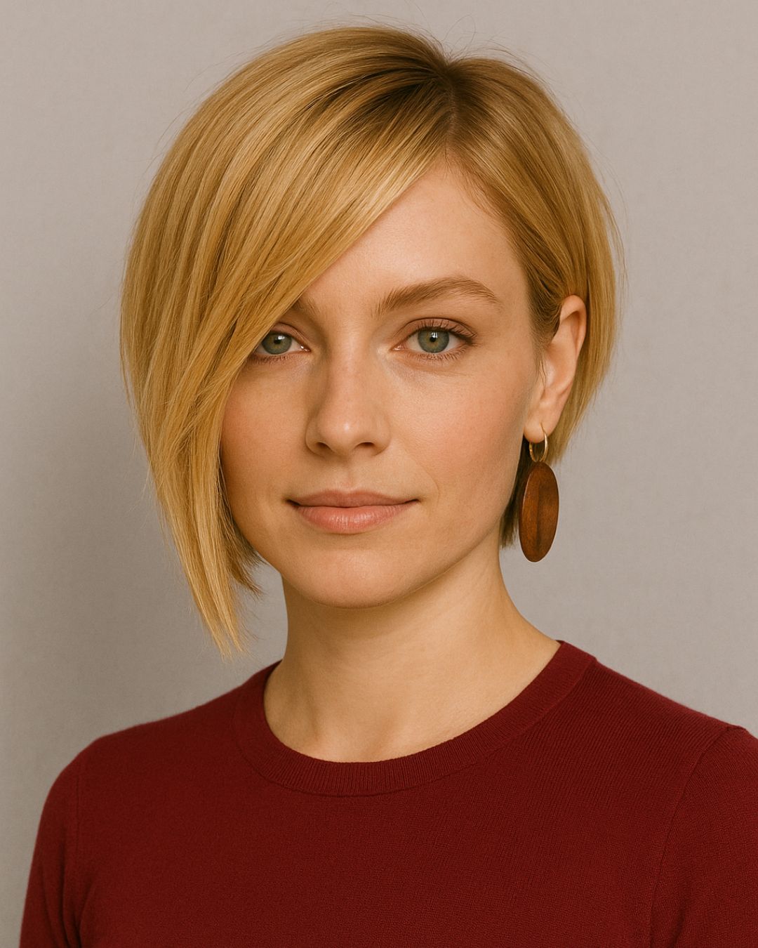 Asymmetrical Blonde Bob With Side Swept Bangs — Simple Hairstyles for Short Hairs.