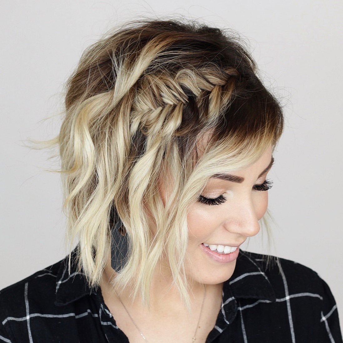 Wavy Bob With Blonde Highlights and Braid — Simple Hairstyles for Short Hairs.
